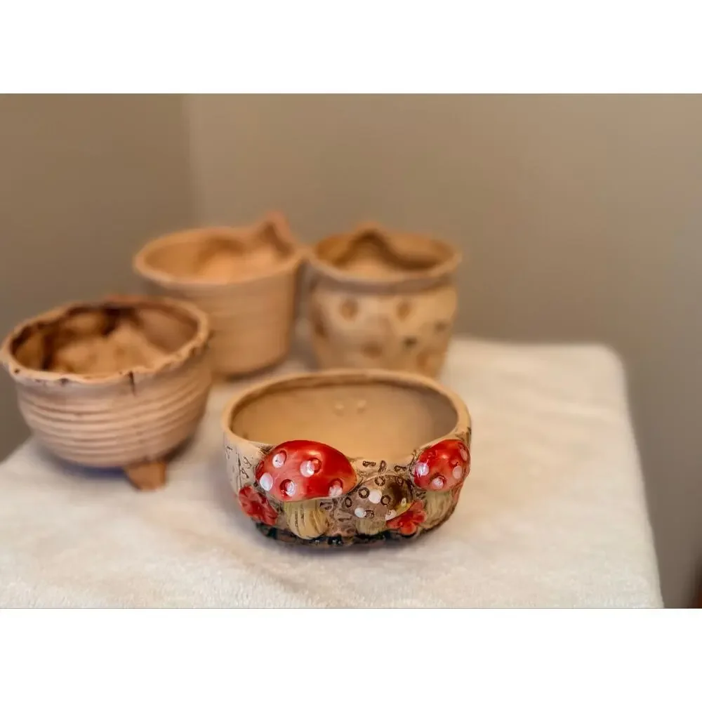 Five ceramic mushroom planters hand-painted rustic textured base with drainage